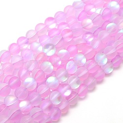 Synthetic Moonstone Beads Strands, Holographic Beads, Half AB Color Plated, Frosted, Round, Pearl Pink, 8mm, Hole: 1mm, about 46pcs/strand, 15 inch(X-G-F142-8mm-09)