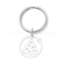 Ring with Christmas Trees 201 Stainless Steel Pendant Decorations, with 304 Stainless Steel Split Key Rings, Stainless Steel Color, 50mm(KEYC-JKC01355)