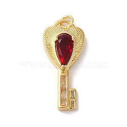 Rack Plating Brass Micro Pave Cubic Zirconia Pendants, with Glass Crystal, Long-Lasting Plated, Lead Free & Cadmium Free, with Jump Ring, Key, Dark Red, 28x12x5mm, Hole: 3mm(KK-U022-16A-01)