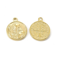 PVD Vacuum Plating 201 Stainless Steel Pendants, Flat Round with Cssml Ndsmd Cross God Father/Saint Benedict Charm, Real 18K Gold Plated, 21.5x18x2.5mm, Hole: 1.8mm(STAS-J401-VC611)