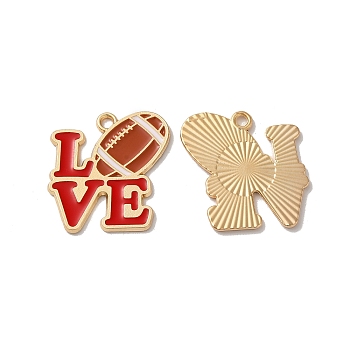 Alloy Enamel Pendants, Cadmium Free & Nickel Free & Lead Free, Light Gold, Word LOVE with Rugby Charm, Red, 23.5x22.5x1.5mm, Hole: 2mm