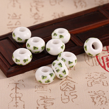 Handmade European Porcelain Beads, DIY Accessories for Jewelry Making, Rondelle with Flower, Light Green, 14x9mm, Hole: 5mm