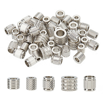 55Pcs 5 Style 202 Stainless Steel Beads & European Beads, Column, Stainless Steel Color, 7~10x5~8mm, Hole: 3~6.5mm