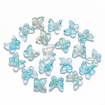 Two Tone Transparent Spray Painted Glass Charms, with Glitter Powder, Butterfly, Turquoise, 9.5x11x3mm, Hole: 0.8mm
