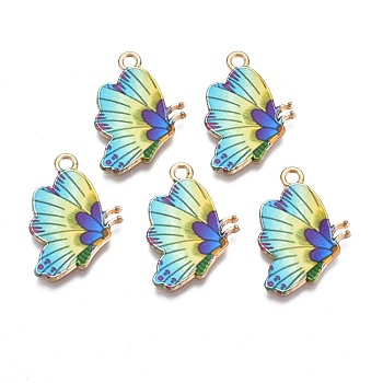 Printed Alloy Pendants, Cadmium Free & Nickel Free & Lead Free, Light Gold, Butterfly, Green Yellow, 24.5x16.5x1.5mm, Hole: 1.8mm