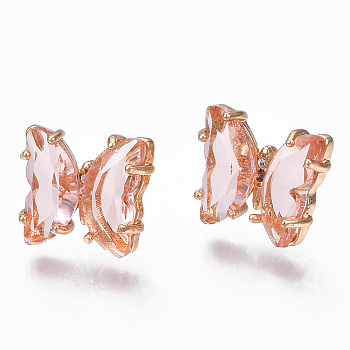Cubic Zirconia Butterfly Stud Earrings with Glass, Brass Jewelry for Women, Long-Lasting Plated, Light Gold, Pink, 10x11.5mm, Pin: 0.7mm