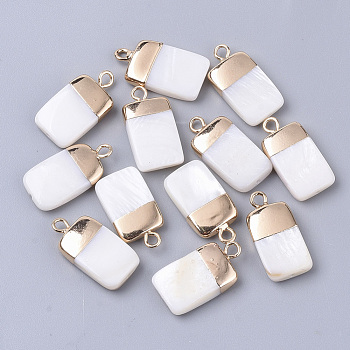 Electroplate Freshwater Shell Pendants, for DIY Jewelry Making, with Top Golden Plated Brass Loops and Half Drilled, Rectangle, Seashell Color, 18x10x3mm, Hole: 0.8~1.8mm