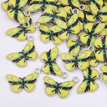 Printed Alloy Pendants, with Enamel, Butterfly, Platinum, Yellow, 13.5x20x2mm, Hole: 1.6mm