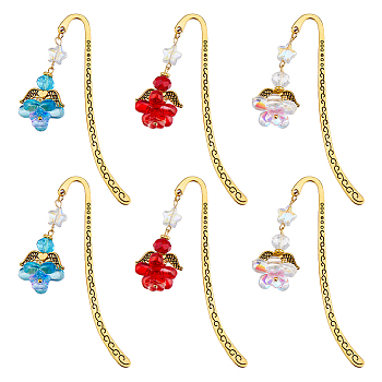 6Pcs 3 Colors Alloy Hook Bookmarks, Glass Angel Bookmarks, Antique Golden, Mixed Color, 83.5mm, 2pcs/color
