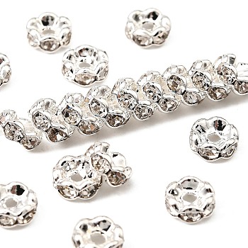 Brass Rhinestone Spacer Beads, Grade AAA, Wavy Edge, Nickel Free, Silver Color Plated, Rondelle, Crystal, 6x3mm, Hole: 1mm