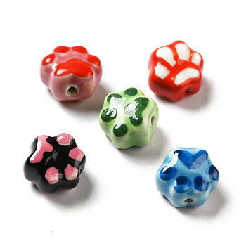 Handmade Printed Porcelain Beads, Paw Prints, Mixed Color, 13.5x15x9.5mm, Hole: 1.8mm