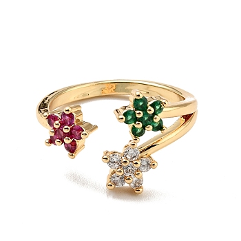 Colorful Cubic Zirconia Flower Open Cuff Ring, Rack Plating Brass Jewelry for Women, Cadmium Free & Lead Free, Real 18K Gold Plated, US Size 7 1/4(17.5mm)