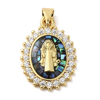 Rack Plating Brass Micro Pave Cubic Zirconia with Shell Pendants, Cadmium Free & Lead Free, Real 18K Gold Plated, Oval with Saint, Colorful, 23x16.5x3mm, Hole: 3x5mm