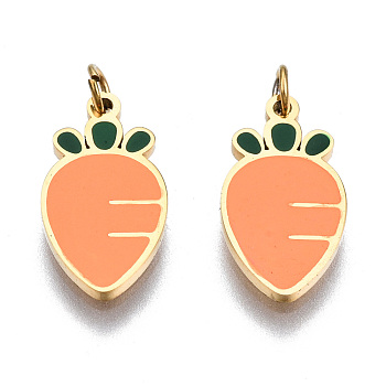 316 Surgical Stainless Steel Enamel Charms, with Jump Rings, Carrot, Light Salmon, Real 14K Gold Plated, 13x7x1mm, Jump Ring: 3x0.5mm, 2mm inner diameter
