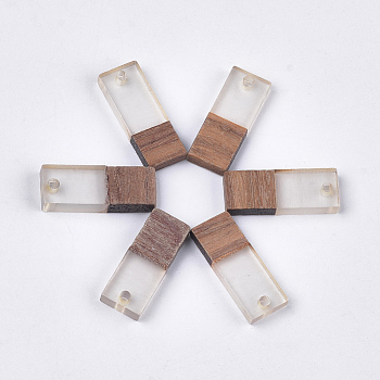 Resin & Walnut Wood Pendants, Rectangle, Clear, 22.5~23x8.5~9x3.5mm, Hole: 2mm