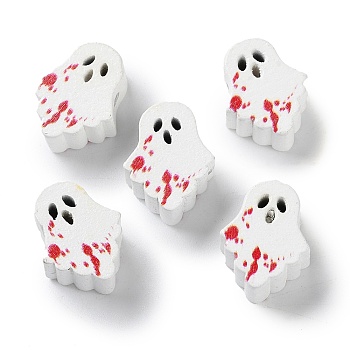 Printed Wood Beads, Halloween Theme Beads, Red, Ghost, 17.5x14x8mm, Hole: 2mm