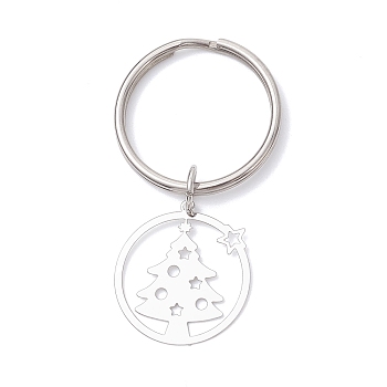 Ring with Christmas Trees 201 Stainless Steel Pendant Decorations, with 304 Stainless Steel Split Key Rings, Stainless Steel Color, 50mm
