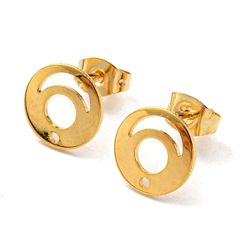 201 Stainless Steel Stud Earring Findings, with 304 Stainless Steel Pin & Hole & Friction Ear Nuts, Hollow Out Flat Round, Real 24K Gold Plated, 10mm, Hole: 1mm, Pin: 0.8mm