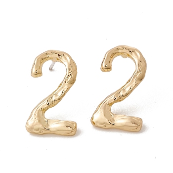Brass Number Stud Earrings with 925 Sterling Silver Pins for Women, Num.2, 19x11mm, Pin: 0.7mm