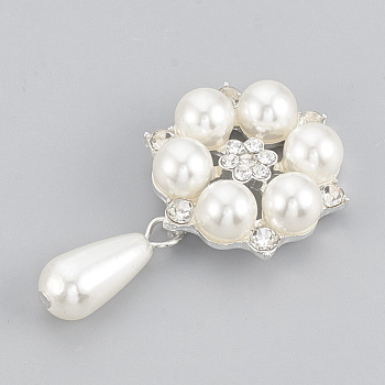 Alloy Rhinestone Flat Back Cabochons, with ABS Plastic Imitation Pearl, Flower with Drop, Silver Color Plated, 47mm, Flower: 28x24x8.5mm, Teardrop: 22x8mm