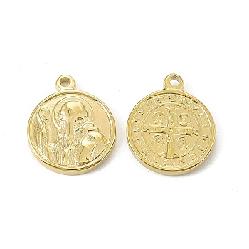 Vacuum Plating 201 Stainless Steel Pendants, Flat Round with Cssml Ndsmd Cross God Father/Saint Benedict Charm, Real 18K Gold Plated, 21.5x18x2.5mm, Hole: 1.8mm