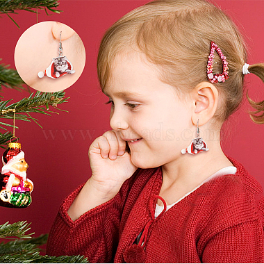 ANATTASOUL 2 Pairs 2 Style Christmas Hat with Cat Acrylic Dangle Earrings(EJEW-AN0002-37)-6
