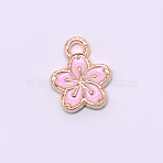 Alloy Enamel Pendants, Sakura Flower, Golden, Pink, 12x9.5x1.5mm, Hole: 1.6mm(ENAM-WH0049-20G-04)