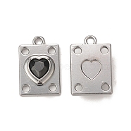 Rack Plating Alloy Glass Pendants, Platinum, Rectangle with Heart Charms, Black, 19.5x12.5x5mm, Hole: 1.8mm(PALLOY-P291-06B-03)