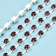 Silver Plated Brass Rhinestone Strass Chains, Rhinestone Cup Chains, Soldered, with Spool, Burgundy, 3mm, about 32.81 Feet(10m)/Roll(CHC-N020-12B-04)