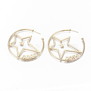 Brass Half Hoop Earrings, Stud Earrings, Nickel Free, Star, Real 18K Gold Plated, 46x1.5mm, Pin: 0.7mm(KK-S356-145G-NF)