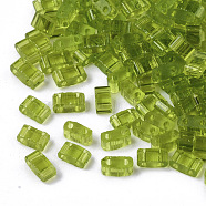 2-Hole Glass Seed Beads, Transparent Colours, Rectangle, Yellow Green, 4.5~5.5x2x2~2.5mm, Hole: 0.5~0.8mm(SEED-T003-01B-07)