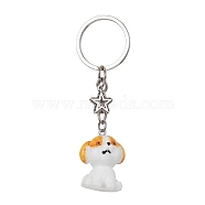 Resin Dog Pendant Keychain, with Iron Rings and Alloy Star Charm, Orange, 8.5cm, Dog: 29.5x22.5x24.5mm(KEYC-JKC00564-02)