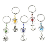 Anchor & Helm Tibetan Style Alloy Keychain, with Lampwork Evil Eye Bead and 304 Stainless Steel Split Key Rings, Mixed Color, 8.5~9cm(KEYC-JKC00531)