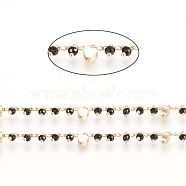 3.28 Feet Brass Twisted Curb Chain, with Brass Beads and Faceted Glass Beads, Long-Lasting Plated, Soldered, Heart, Real 18K Gold Plated, Black, 2.5x1.5x0.5mm, Bead: 6x3.5mm, Heart: 7.5x5x2.5mm(X-CHC-G011-01G-03)