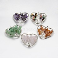 Brass Natural & Synthetic Mixed Stone Pendants, Heart with Tree of Life, Platinum, 46~50x48~53x10mm, Hole: 5mm(G-F181-M)