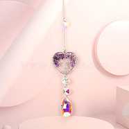 Wire Wrapped Natural Amethyst Heart with Tree of Life Pendant Decorations, Glass Teardrop Tassel Suncatchers for Window Hanging Ornaments, 375mm(HJEW-K046-02P-05)