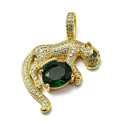 Real 18K Gold Plated Brass Pendants, with Cubic Zirconia and Glass, Leopard Charms, Colorful, 35x28x8mm, Hole: 7x4.5mm(KK-L209-025G)