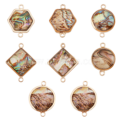 8Pcs 4 Styles Natural Abalone Shell/Paua Shell Connector Charms, with Golden Tone Brass Findings, Flat Round & Hexagon & Rhombus Shape, Mixed Shapes, 17~21x12~16x4.5~5mm, Hole: 1.6mm, 2pcs/style(KK-BC0010-57)