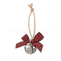 Iron Bell Pendant Decoration, Polyester Tartan Pattern Bowknot and Jute Cord for Home Door Hanging Ornaments, Platinum, 70mm(HJEW-JM02248-03)