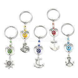 Anchor & Helm Tibetan Style Alloy Keychain, with Lampwork Evil Eye Bead and 304 Stainless Steel Split Key Rings, Mixed Color, 8.5~9cm(KEYC-JKC00531)