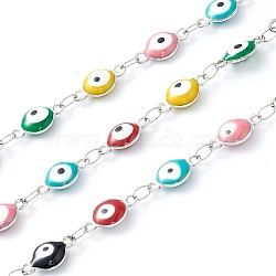 304 Stainless Steel Enamel  Link Chains, Evil Eye & Heart, Unwelded, with Spool, Stainless Steel Color, Mixed Color, 11x6x3mm, 16.4 Feet(5m)/roll(STAS-H145-17P)