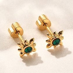 Ion Plating(IP) 304 Stainless Steel Stud Earrings, with Rhinestone, Real 14K Gold Plated, Sun, Fern Green, 6.5x6.5mm(EJEW-A118-16G-01)