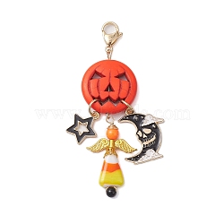 Halloween Pumpkin Synthetic Turquoise Pendant Decorations, with Alloy Finding, Star & Moon, Orange Red, 80mm(HJEW-JM02136)