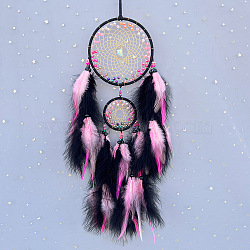 Feather Woven Web/Net with Feather Pendant Decorations, with Plastic Beads, Orchid, 600mm(PW-WGE515C-03)