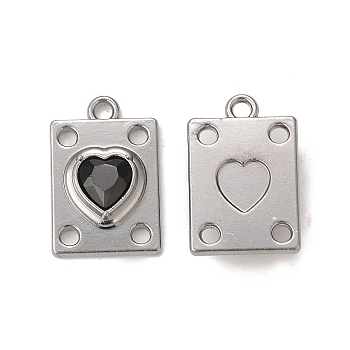 Rack Plating Alloy Glass Pendants, Platinum, Rectangle with Heart Charms, Black, 19.5x12.5x5mm, Hole: 1.8mm