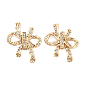 Brass Micro Pave Clear Cubic Zirconia Fold Over Clasps, Bowknot, Real 18K Gold Plated, 32x35x5mm, Hole: 1mm and 2x1.5mm