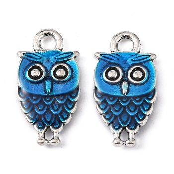 Alloy Enamel Pendants, Cadmium Free & Lead Free, Owl, for Halloween, Antique Silver Metal Color, Light Blue, 18.5x9.5x2.5mm