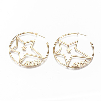 Brass Half Hoop Earrings, Stud Earrings, Nickel Free, Star, Real 18K Gold Plated, 46x1.5mm, Pin: 0.7mm