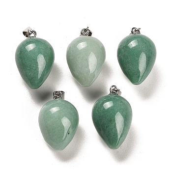 Natural Green Aventurine Pendants, with Platinum Plated Iron Snap on Bails, Teardrop, 24~25x15~16mm, Hole: 7x3.5mm