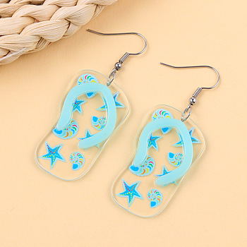 Acrylic Dangle Earrings, Sky Blue, Flip Flops with Starfish & Shell Shape Pattern, 63x24mm